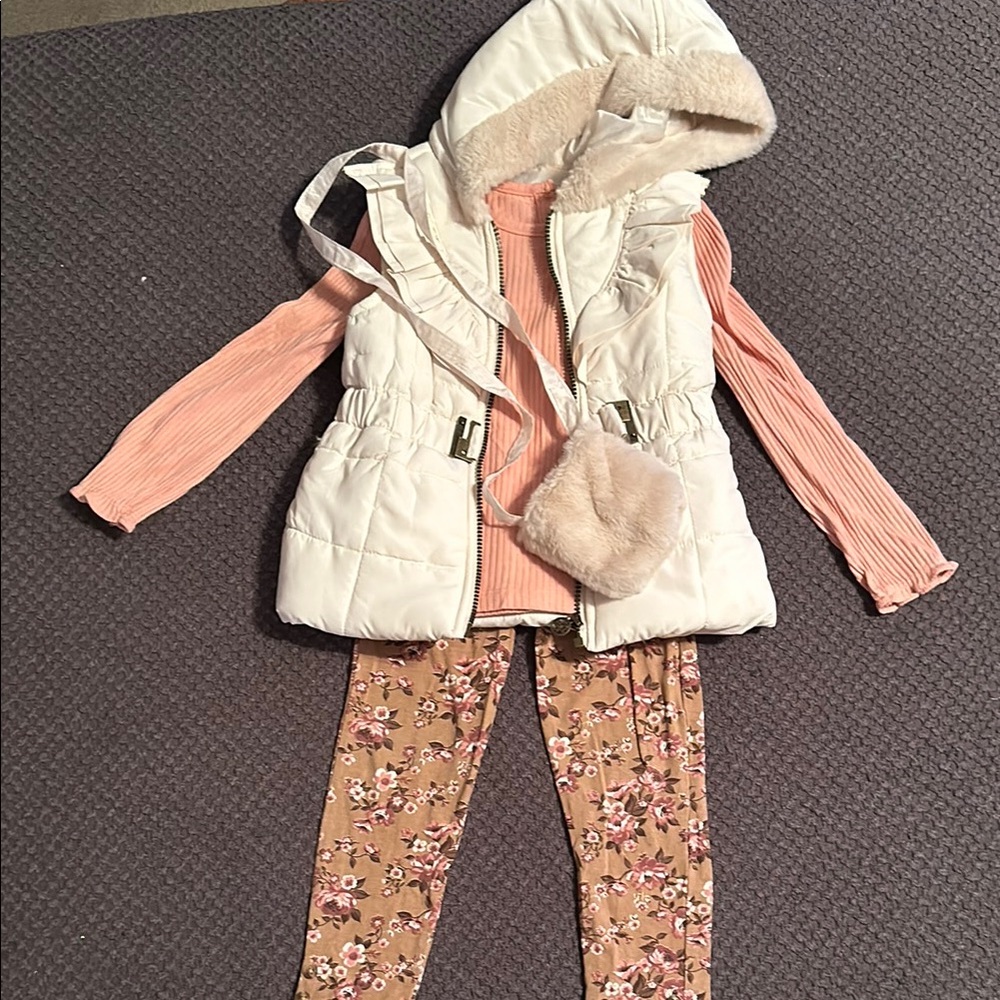 Girls' White Hooded Vest with Floral Leggings Set